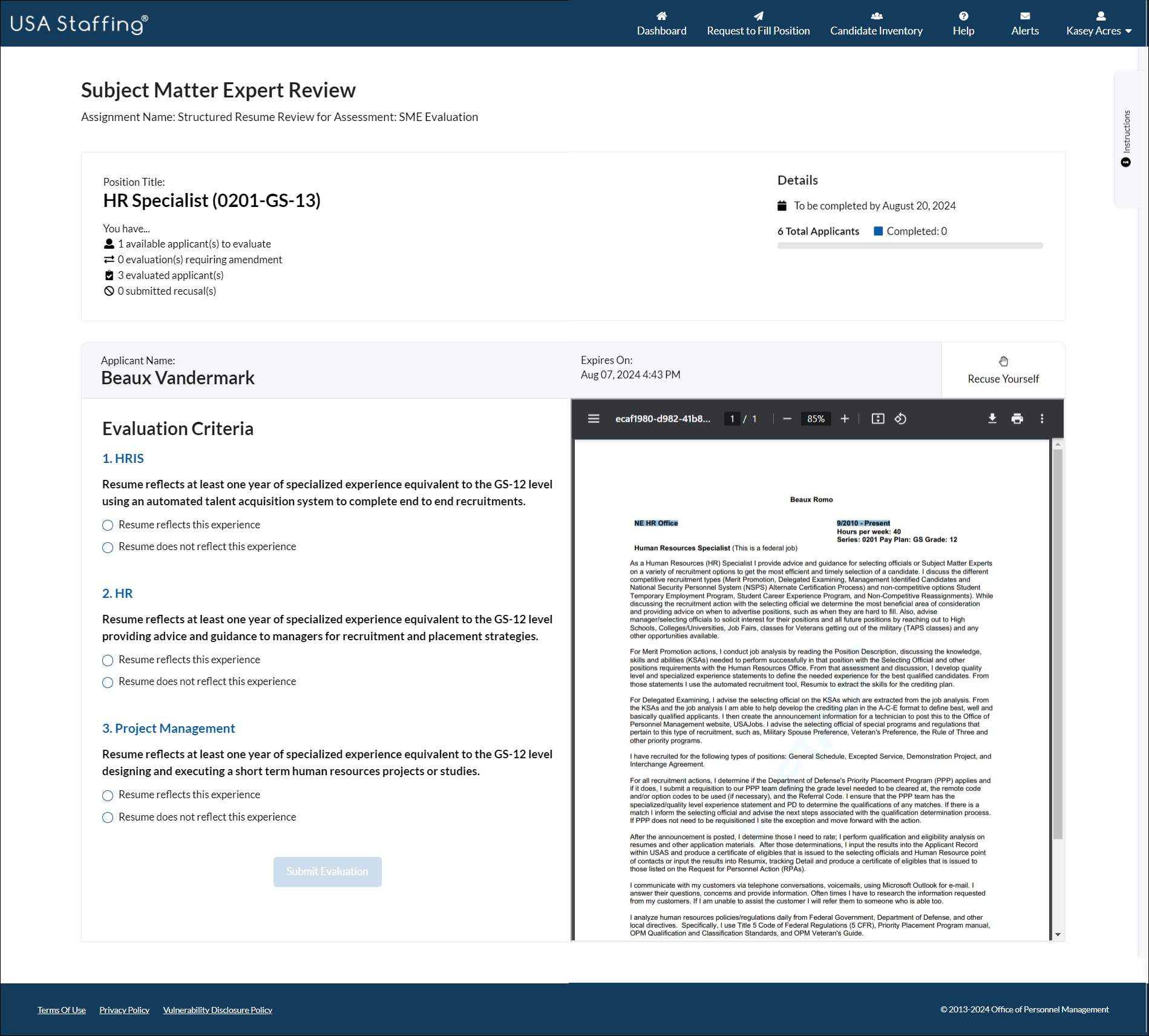 Hiring Manager SME Review page
