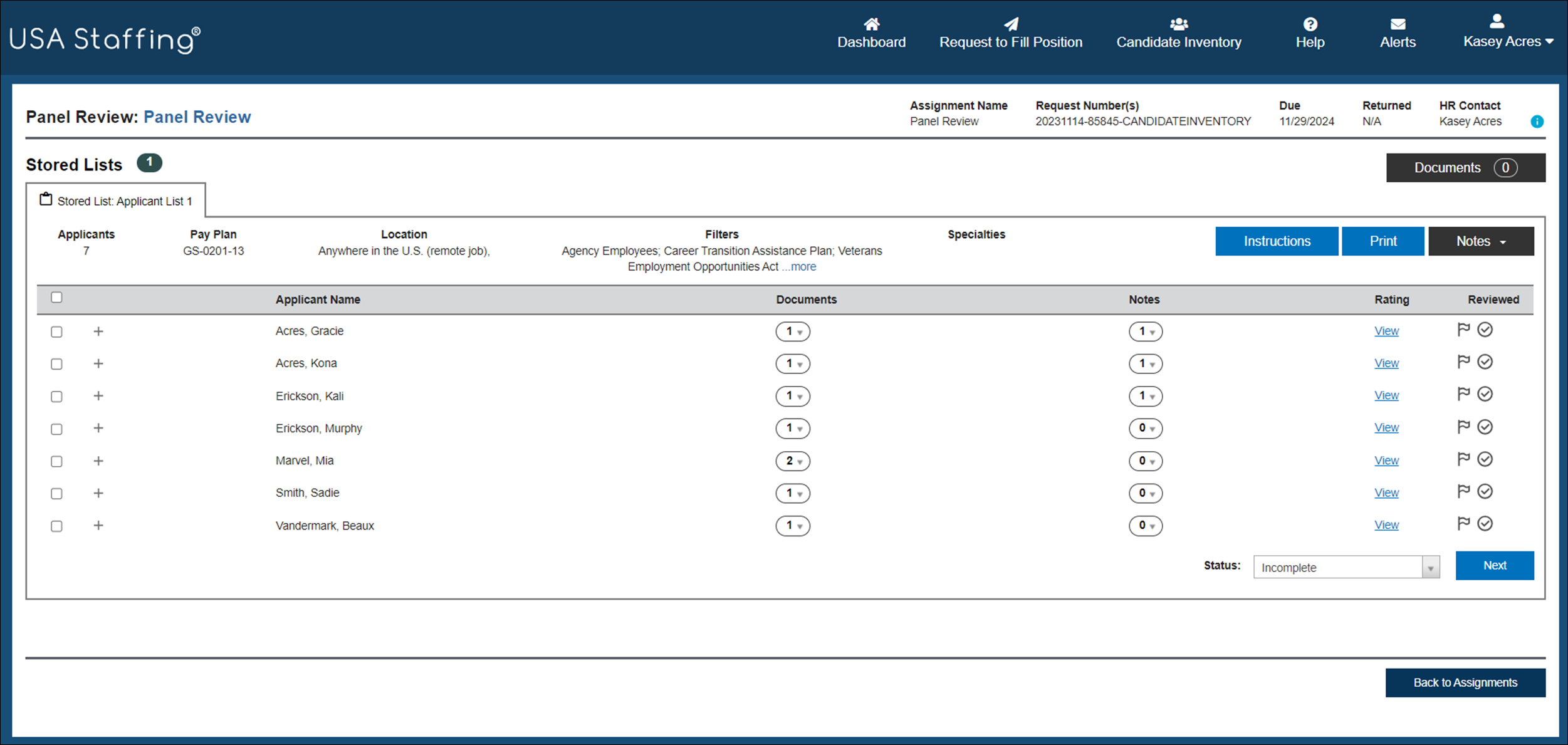 Panel Review page with stored list open and applicants displayed