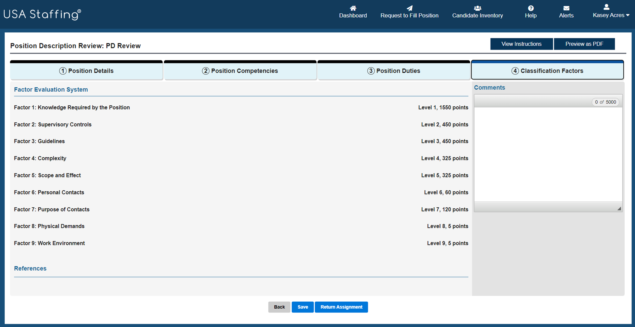 Position Description Review - Classification Factors page