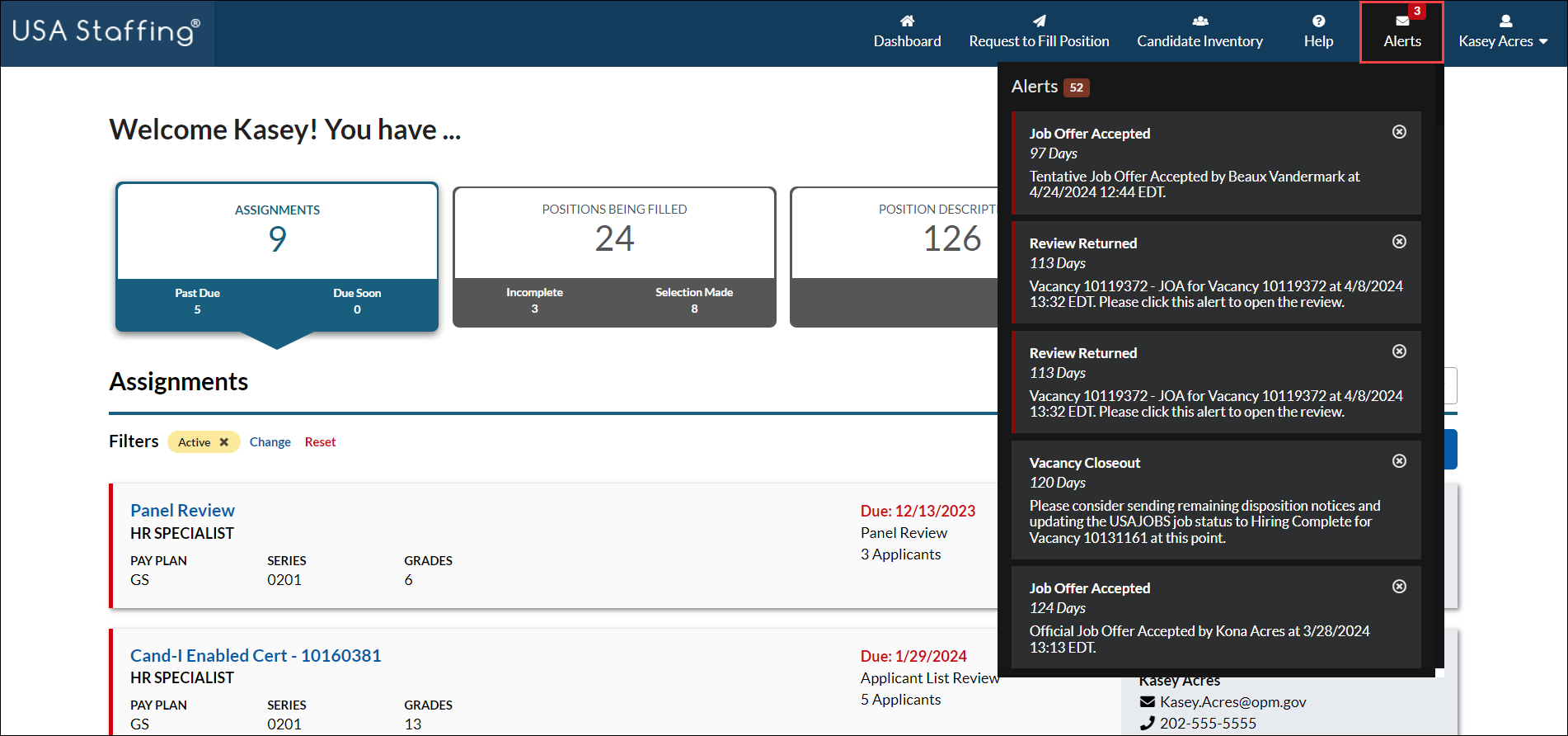 Navigation bar with alerts icon selected and alerts displayed.