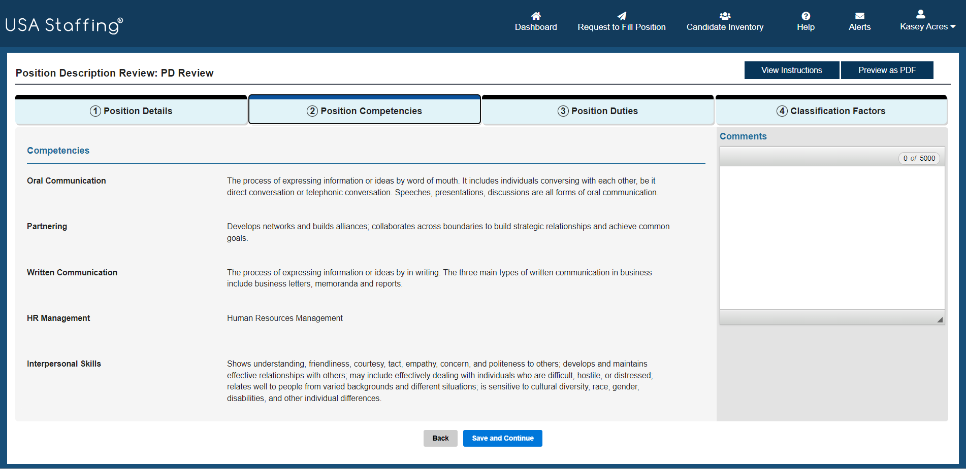Position Description Review - Position Competencies page