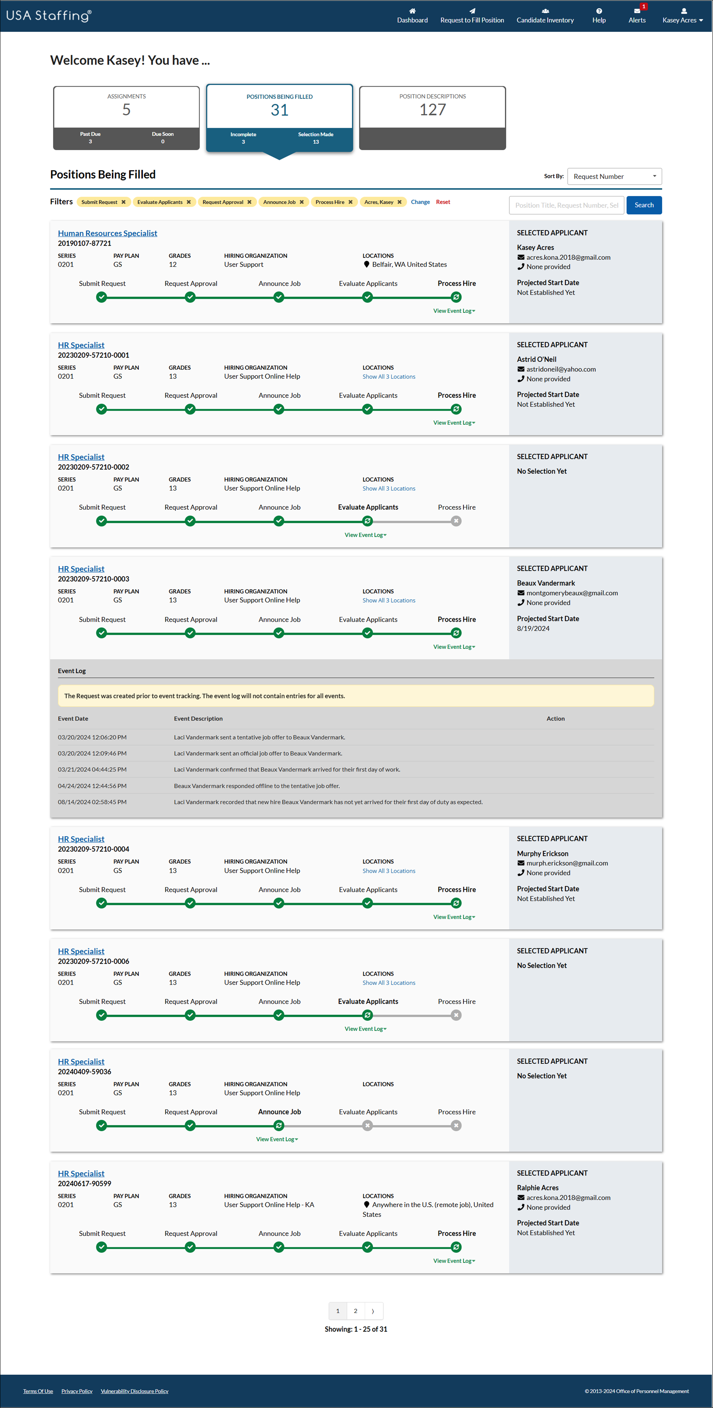 USA Staffing dashboard showing Positions Being Filled.