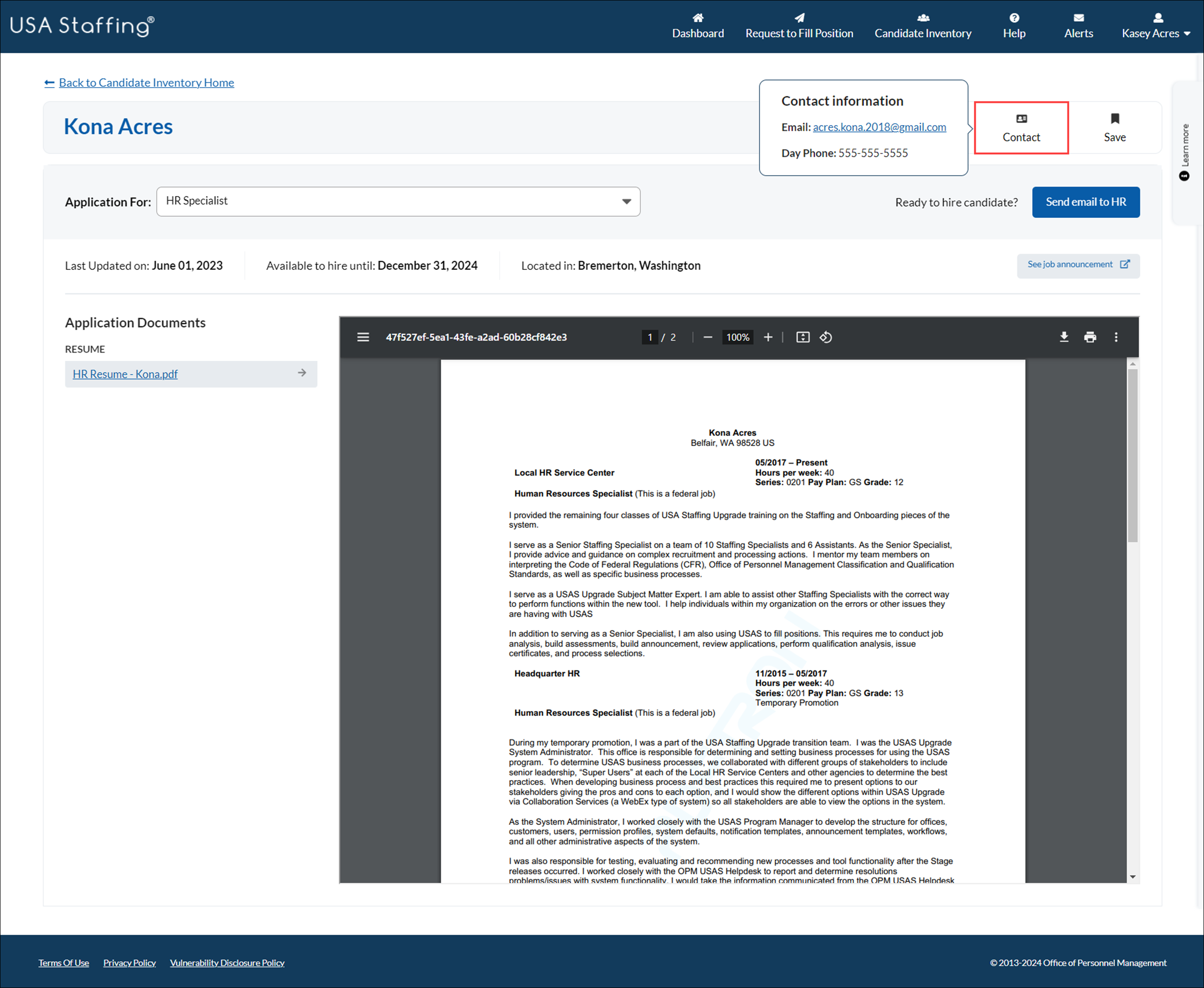 Candidate Contact Information page