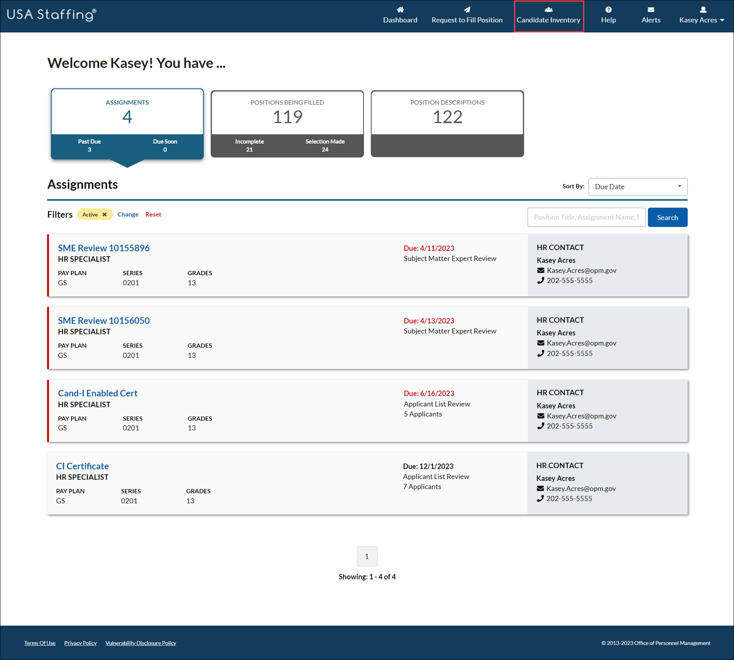  USA Staffing dashboard with Candidate Inventory button selected on the Navigation Bar