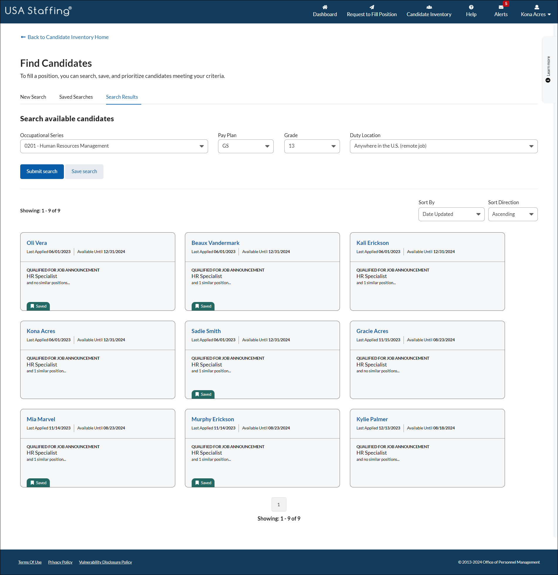 Find Candidates Results page