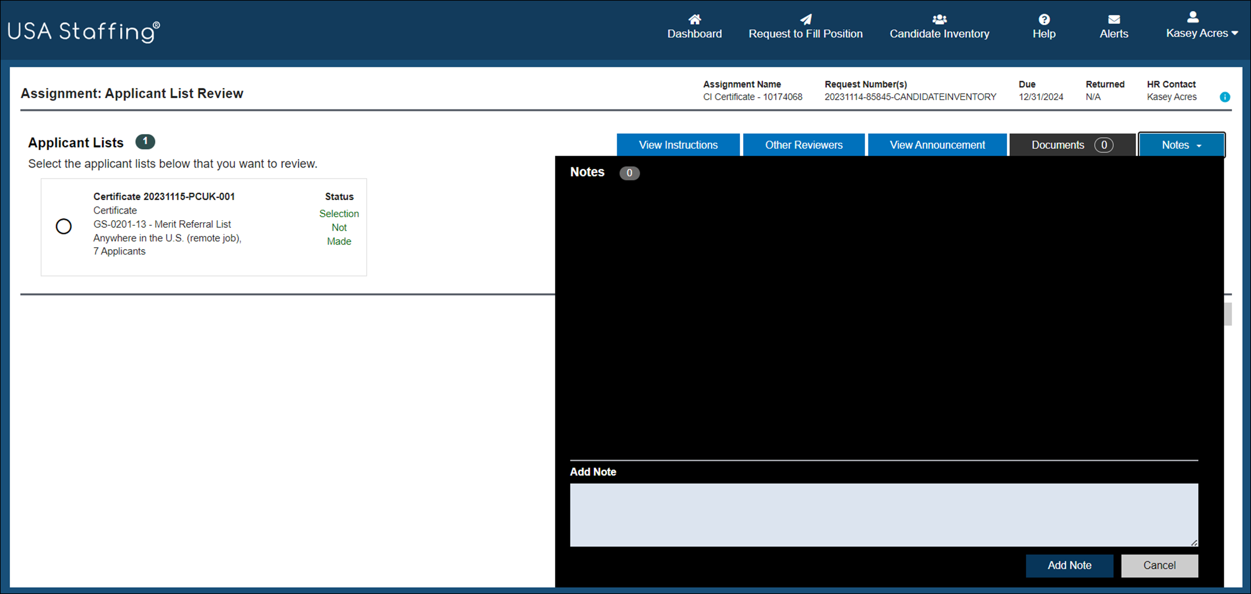 USA Staffing Applicant Listing with Notes tab selected and Notes pop up window open.