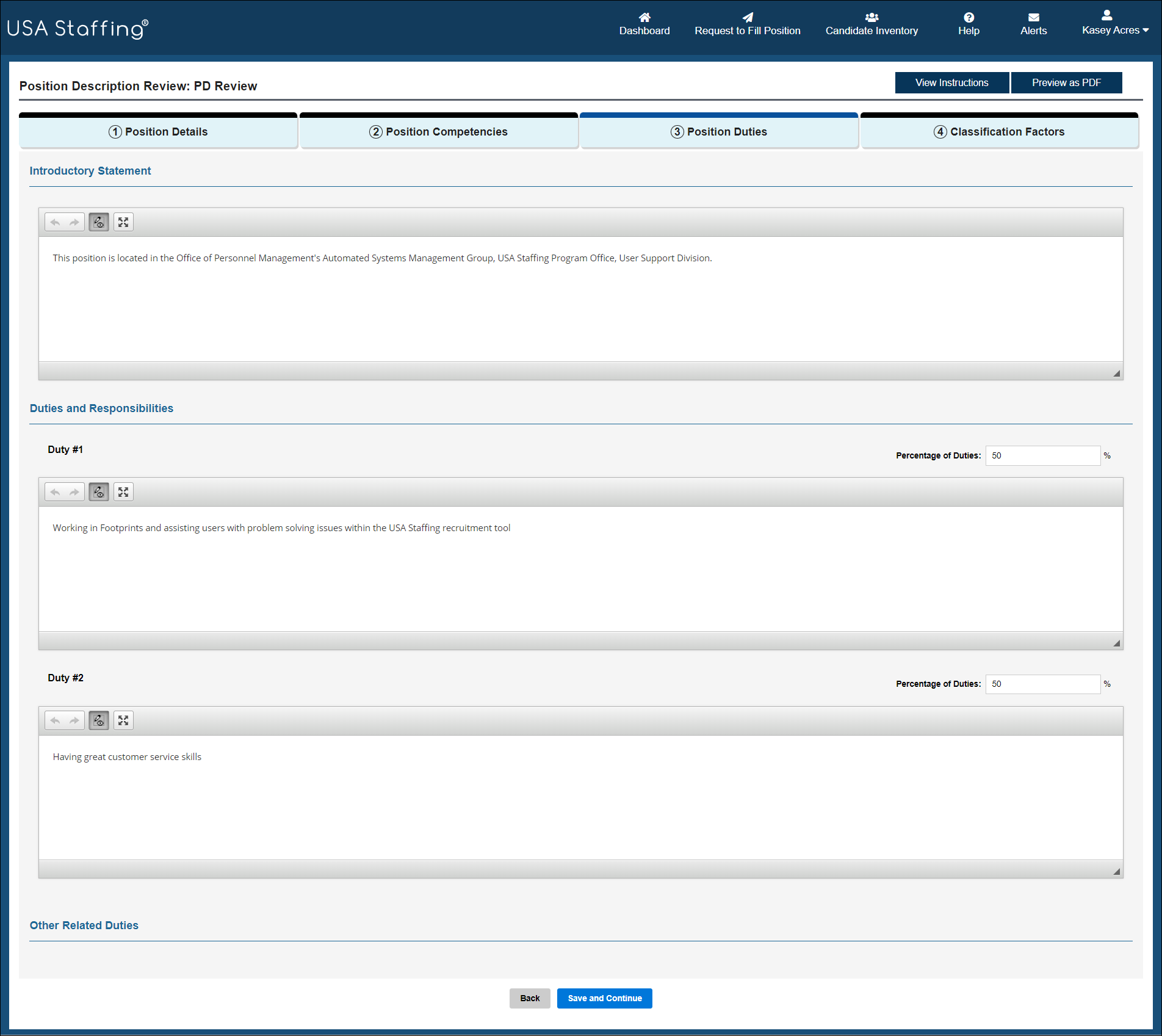 Position Description Review - Position Duties page