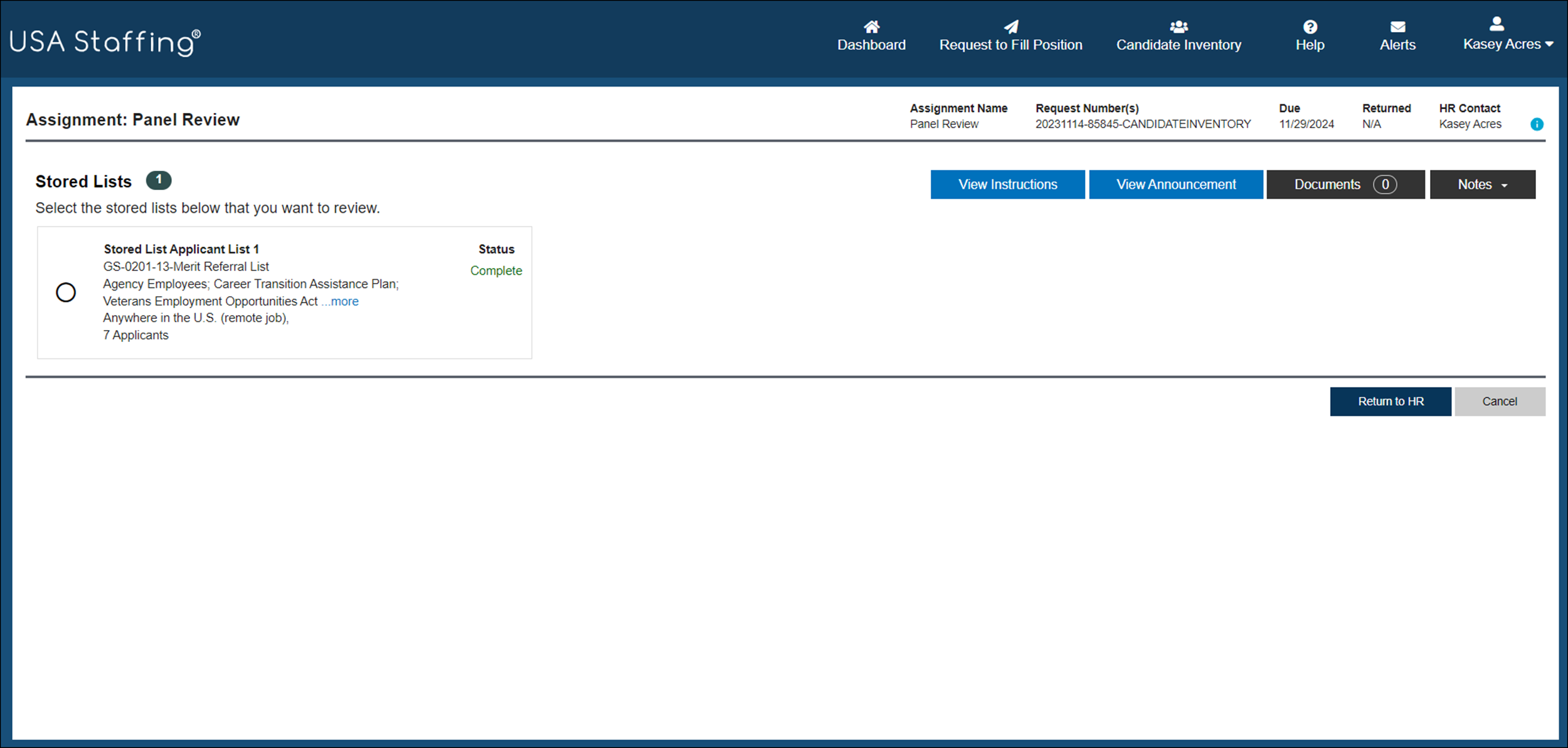 Assignment: Panel Review Page with Return to HR button