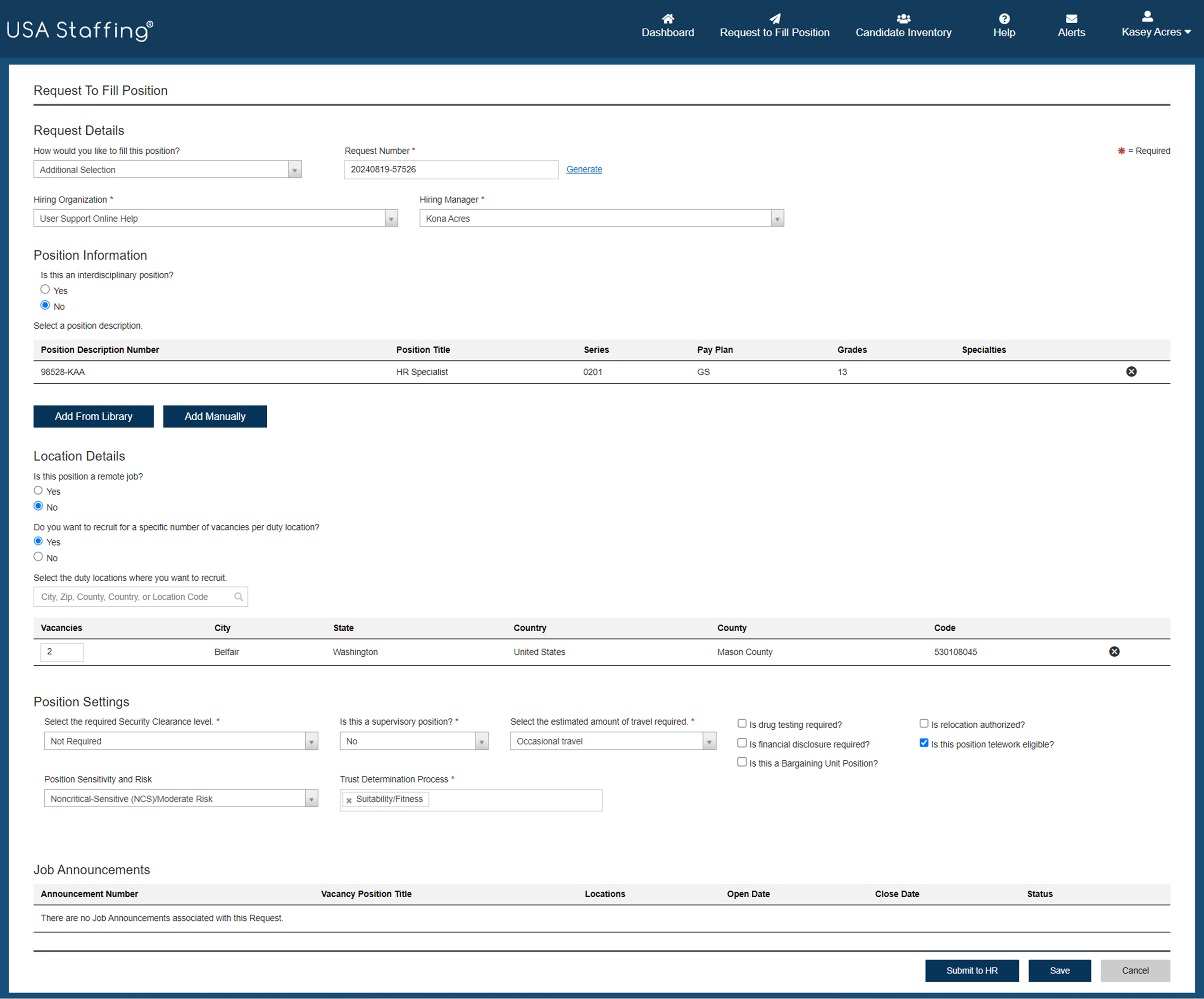 Request Fill details page completed with sample information for an additional selection request