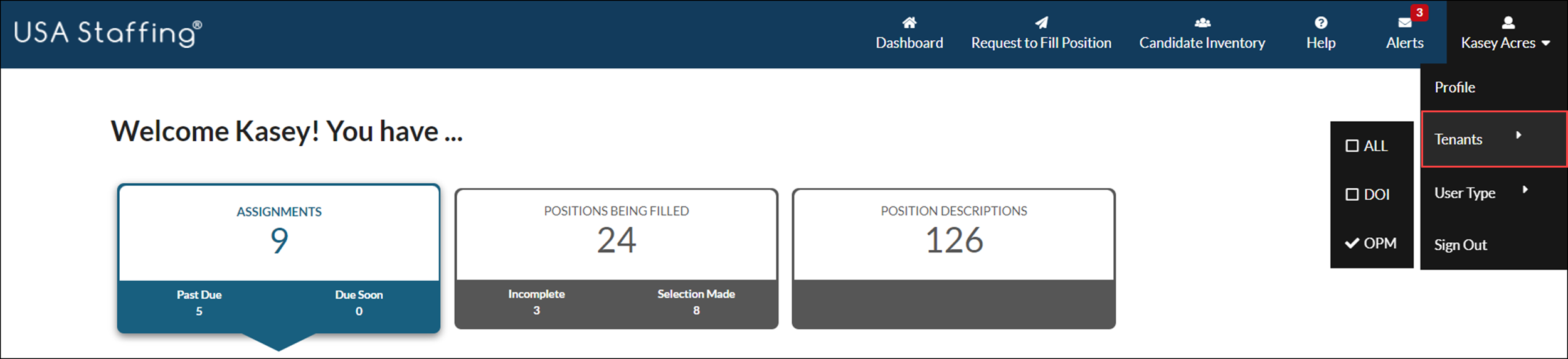 USA Staffing Navigation banner with User-Name drop-down menu expanded, Tenants menu expanded, and select desired tenant.