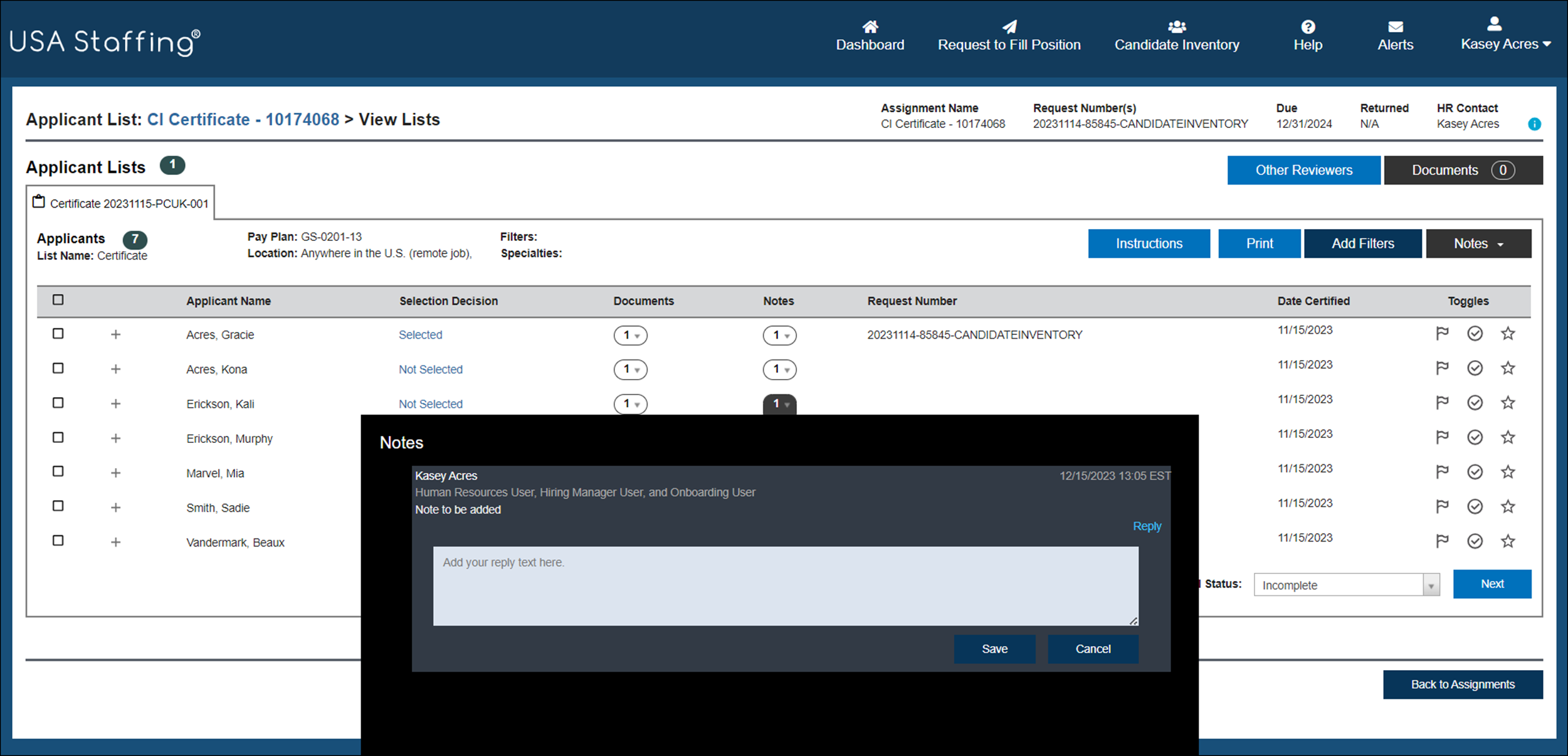 Applicant List - View Lists Page, with Notes drop-down list selected for an applicant and a Reply-to-Notes pop up displayed 