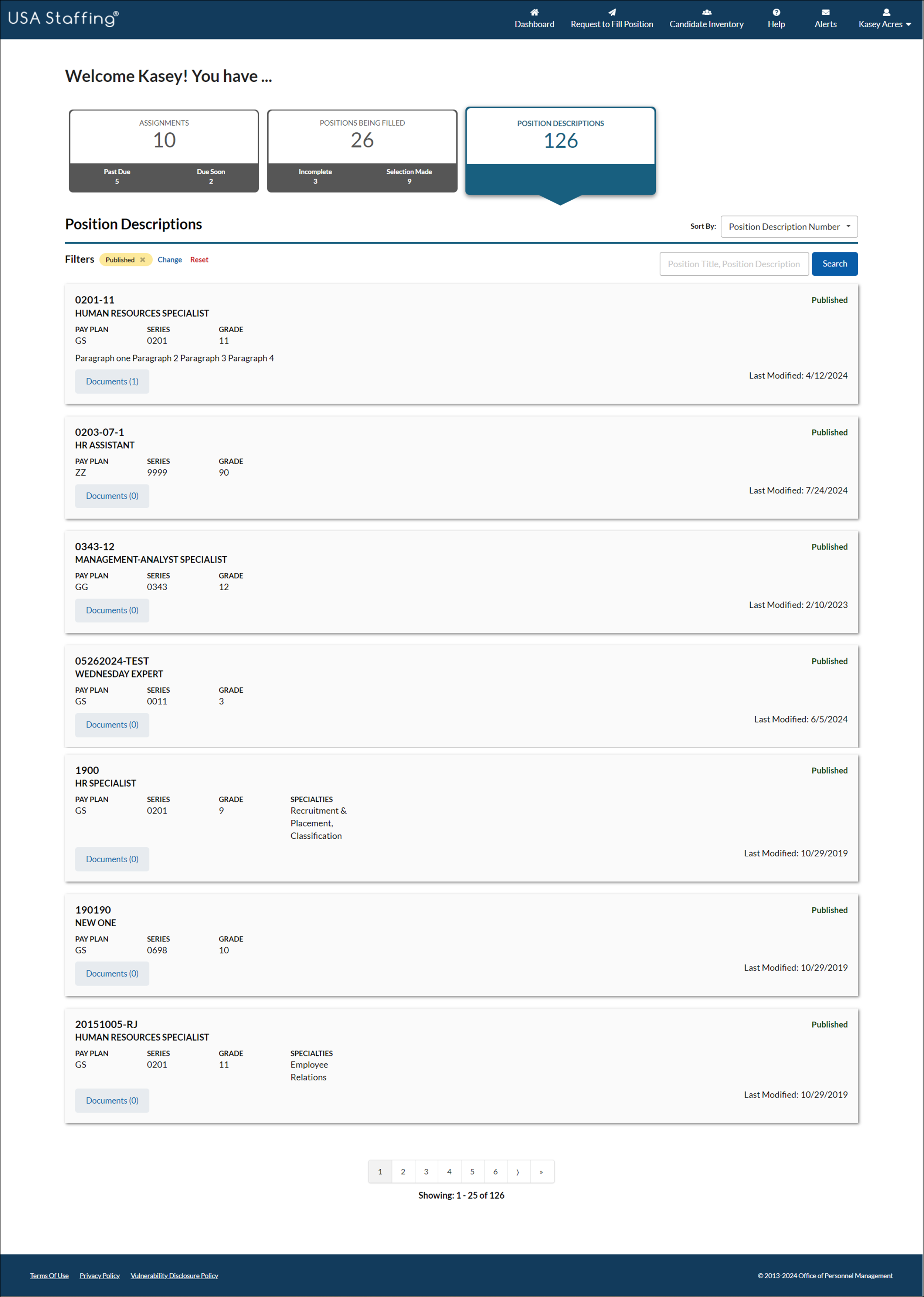 USA Staffing Dashboard with Position Descriptions selected and positions listed.