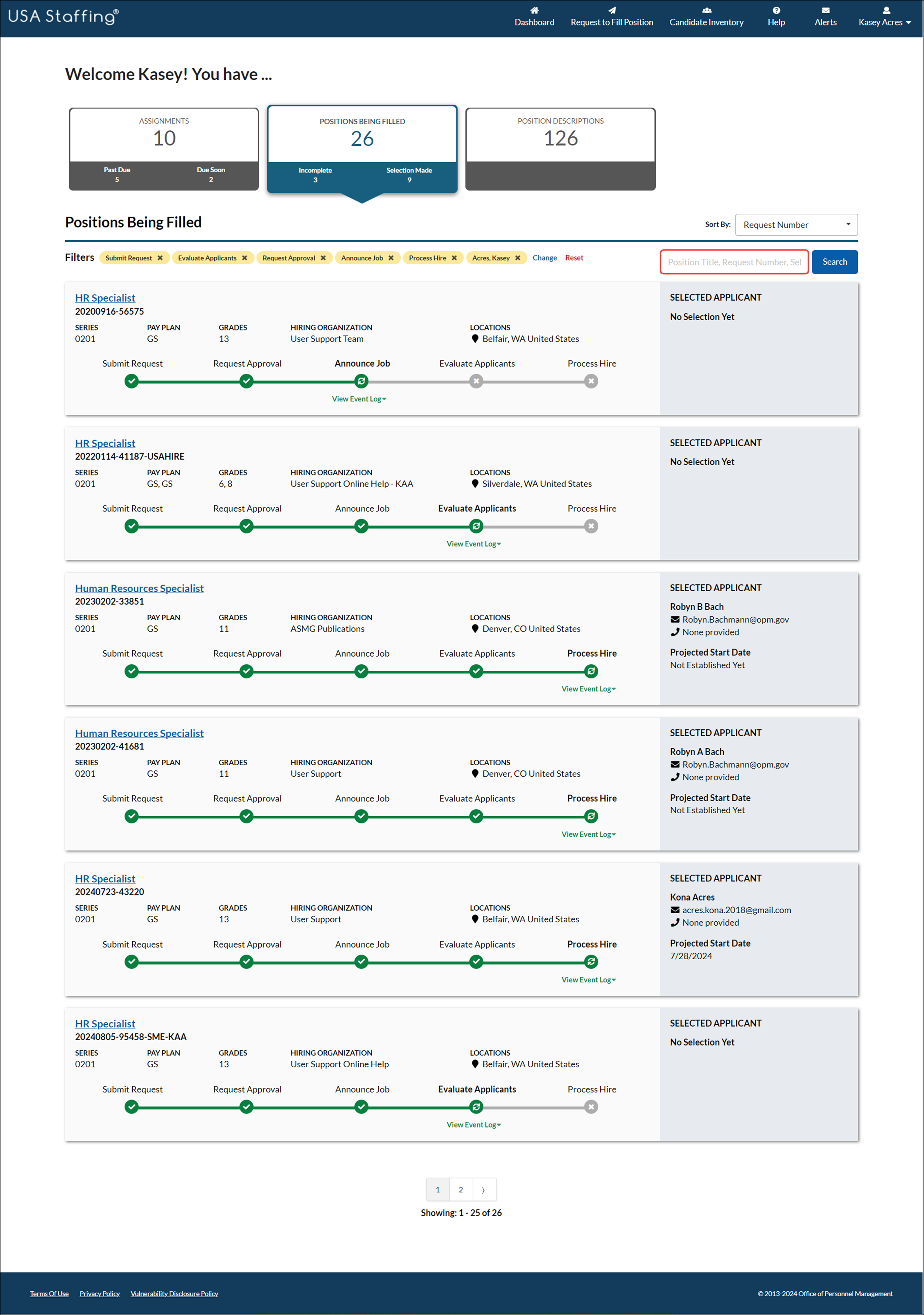 USA Staffing Positions Being Filled page with search field highlighted