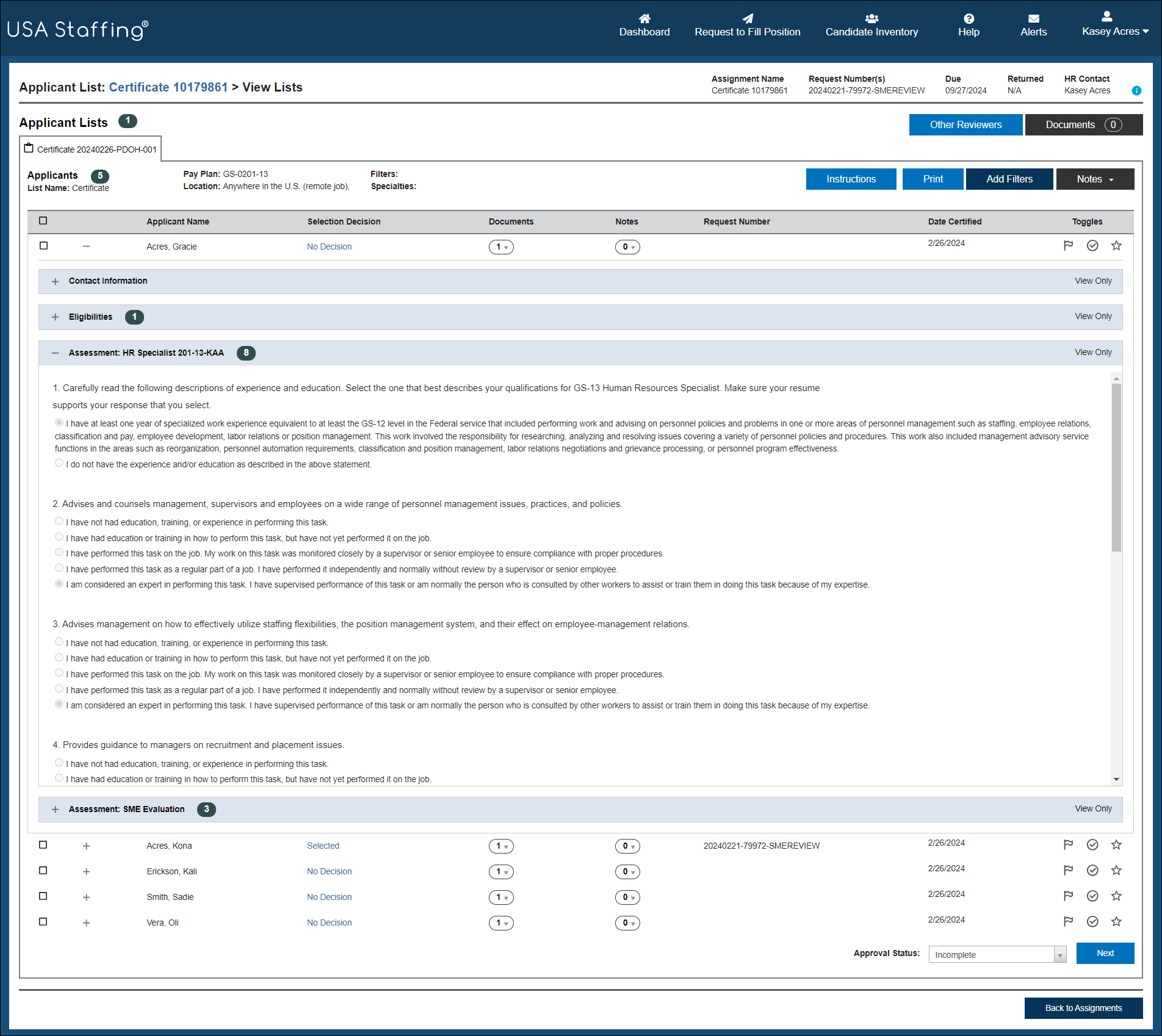 Applicant List - View Lists Page, with Assessment section expanded