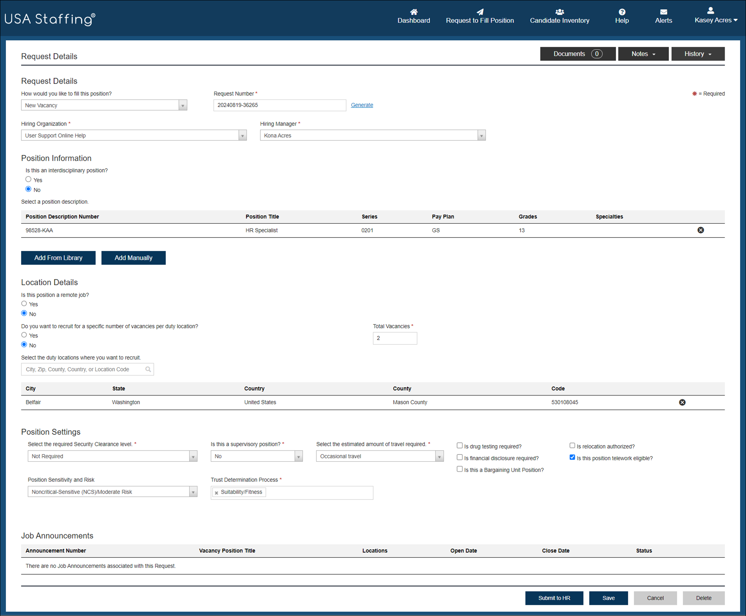 Request Fill details page completed with sample information for a new vacancy