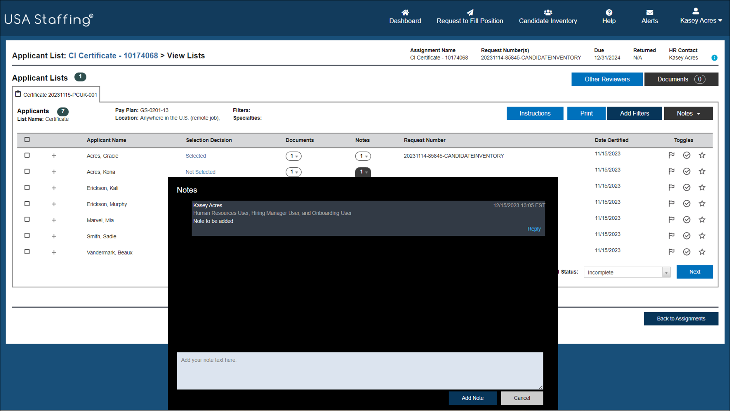 Applicant List - View Lists Page, with Notes drop-down list selected for an applicant and Notes pop up displayed 