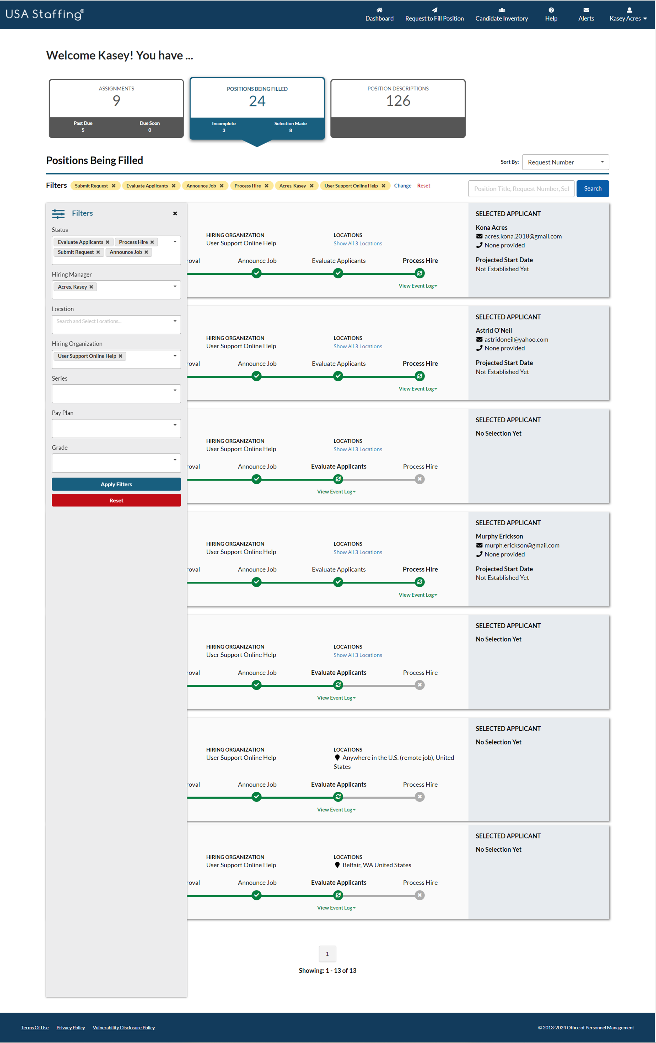 USA Staffing Positions Being Filled page with Filters panel open.