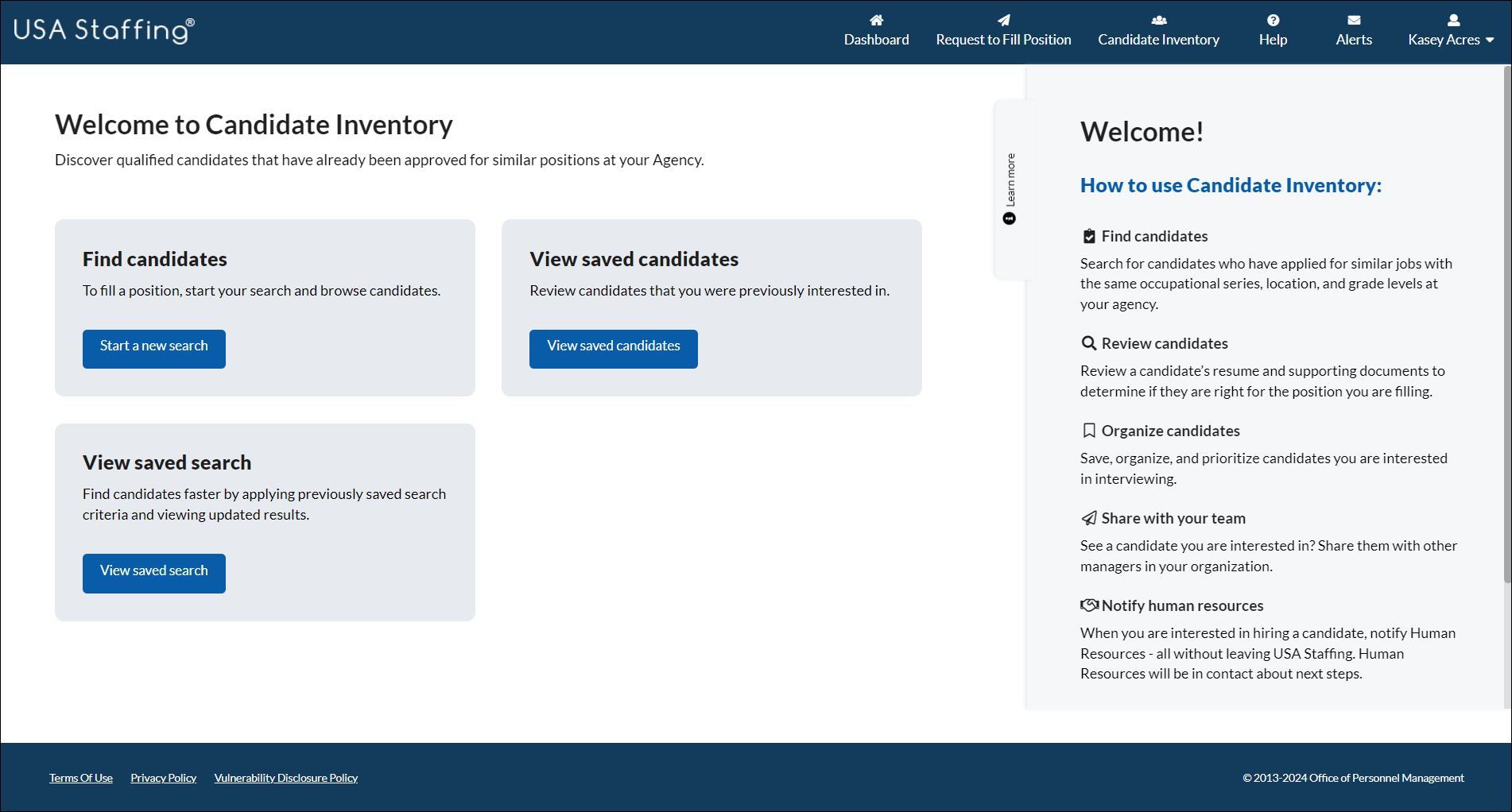 Candidate Inventory main page 