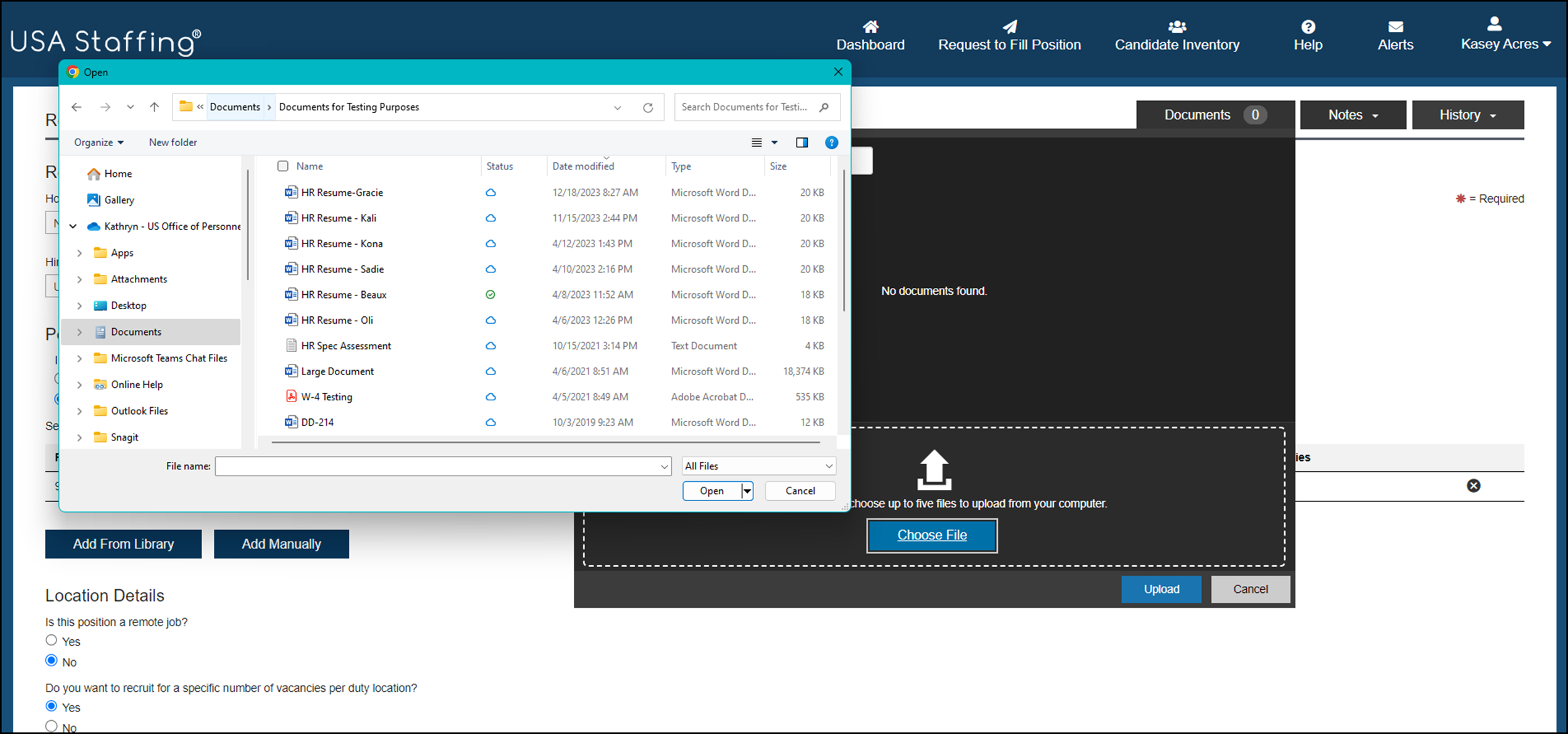 Documments button selected and file chooser window open