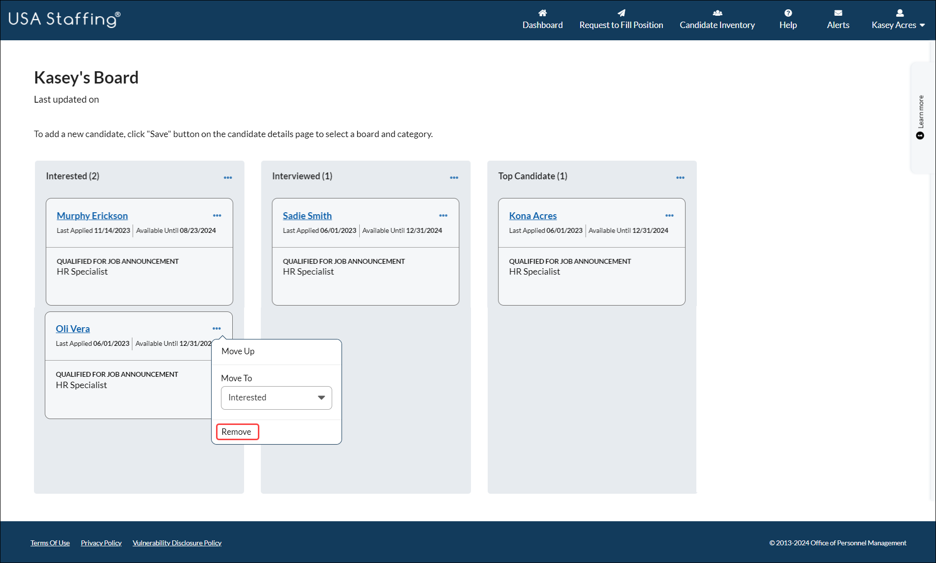 Remove saved candidate from saved candidate board