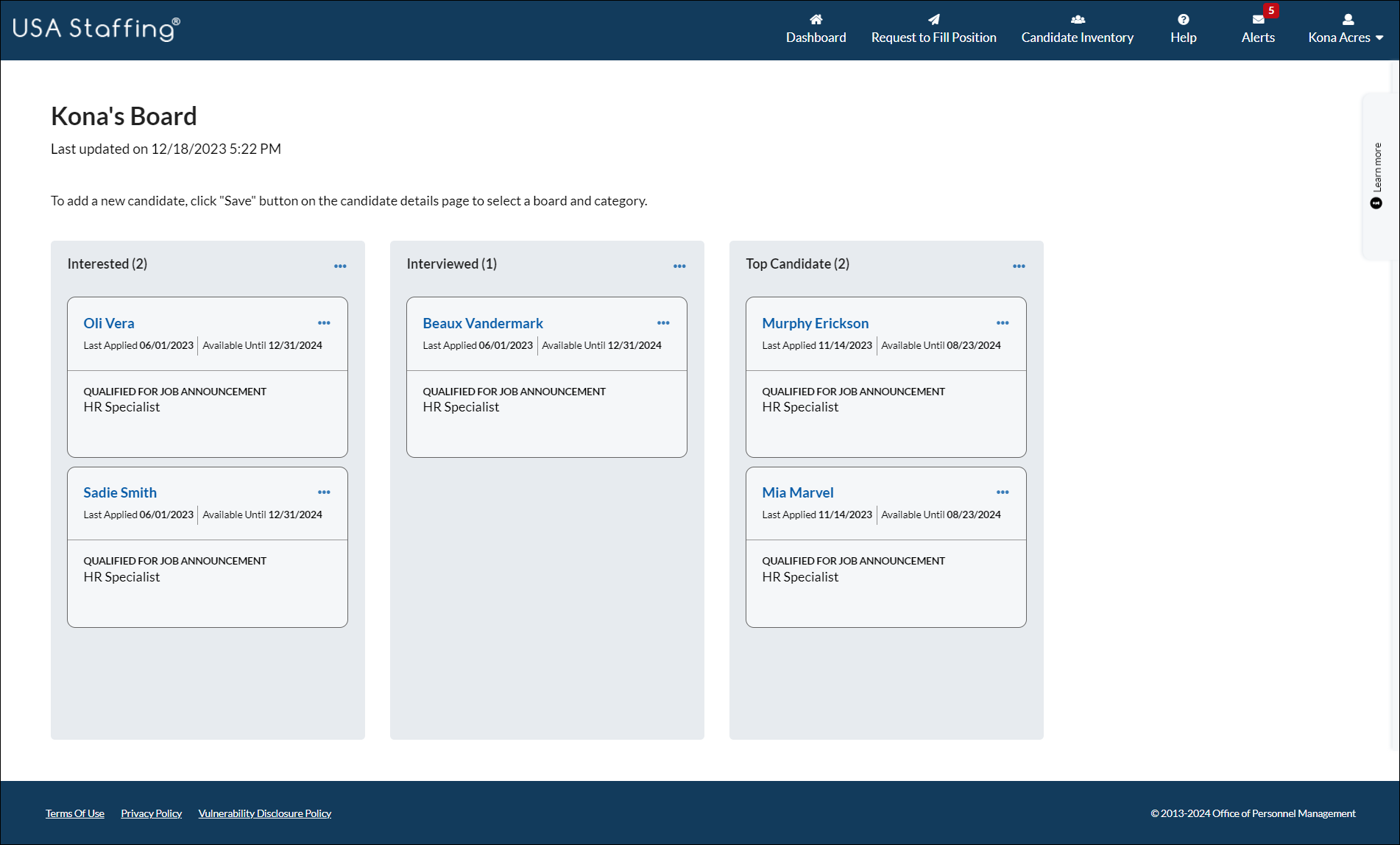 Candidate Board Details page