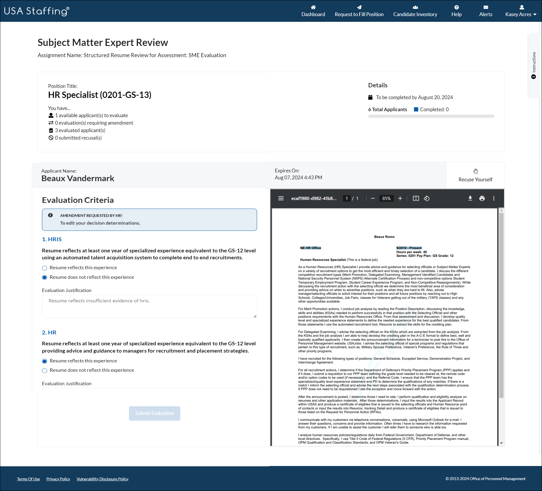 Hiring Manager SME Review page with banner containing instructions to edit SME Review determination