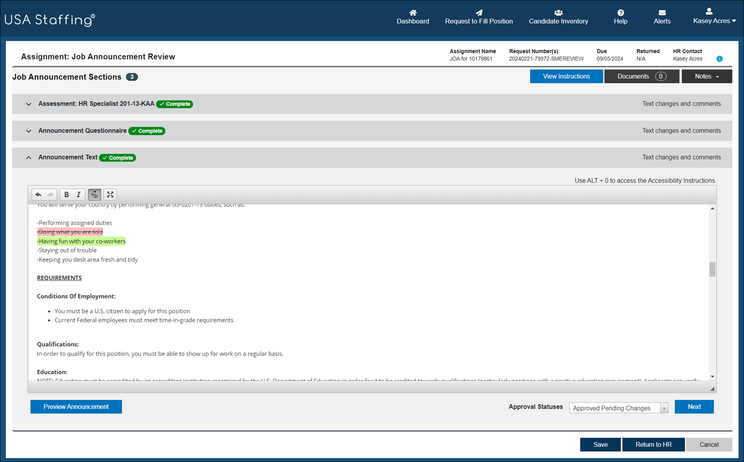 Assignment: Job Announcement Review page with announcement editing field where deletions are highlighted and text striked through