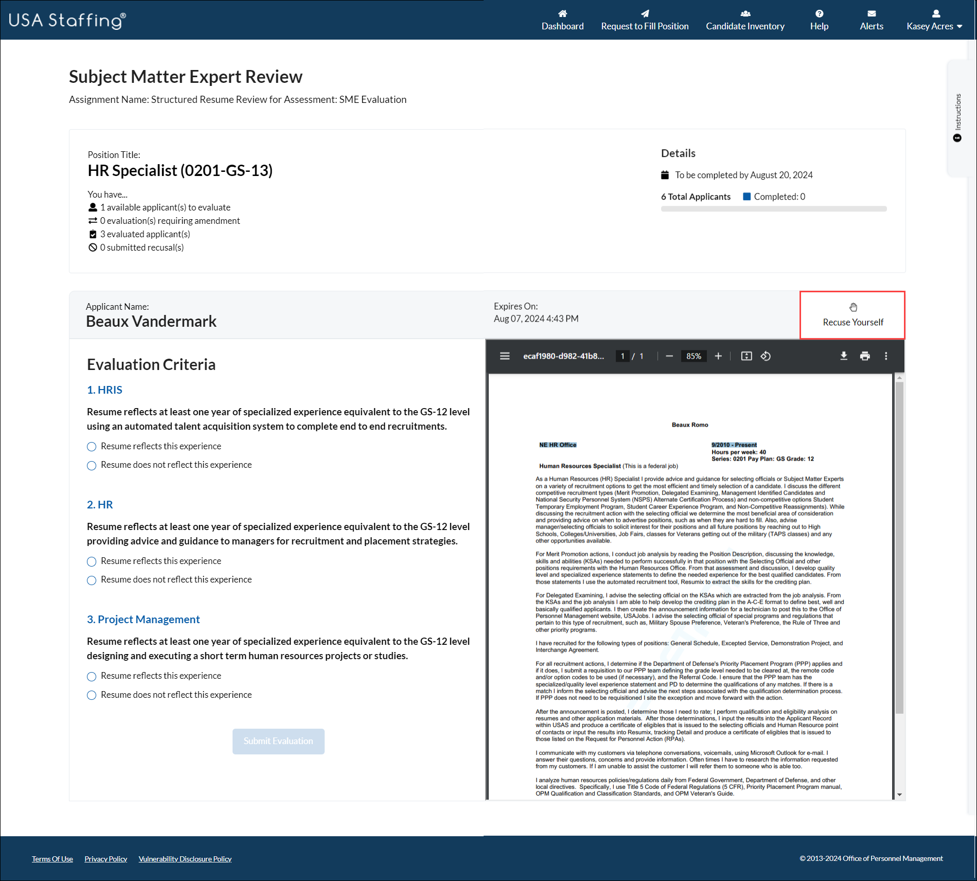 SME Review Page with Recuse Yourself button highlighted