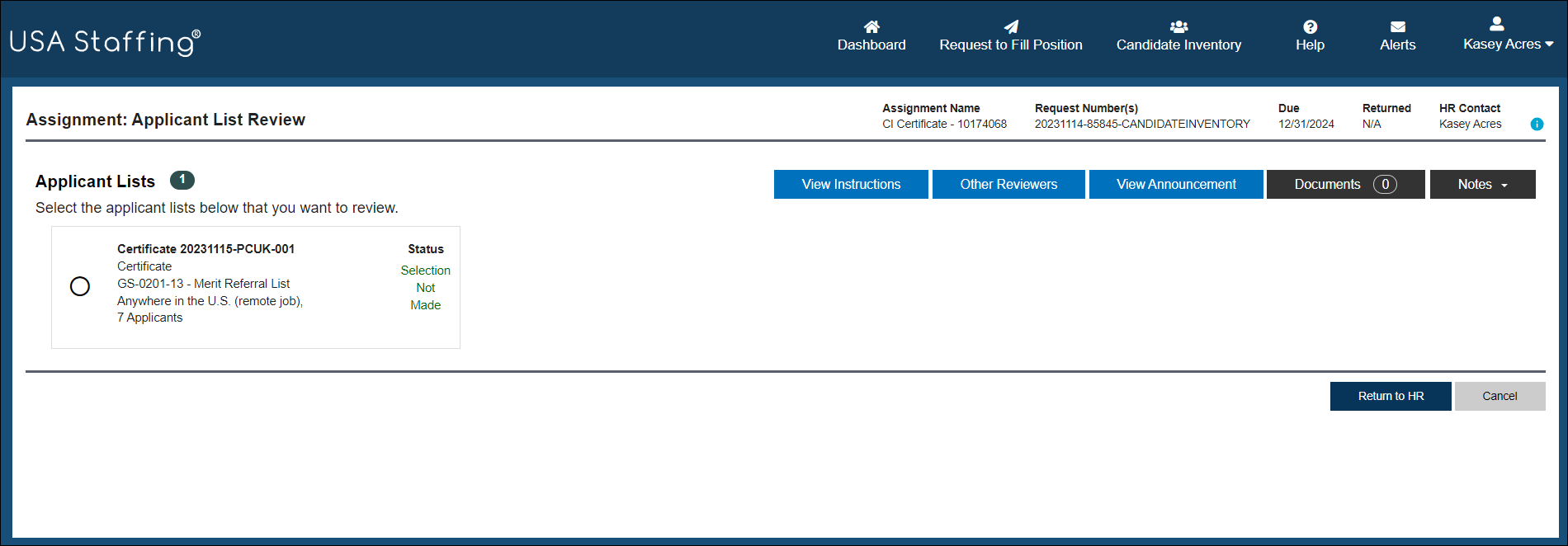 Assignment Applicant List Review with one listing and Return to HR button 