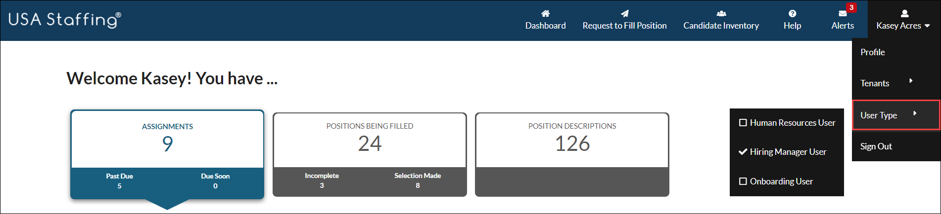 From the Navigation bar use the User-Name drop-down menu expanded, User Type menu expanded, and select desired user type.