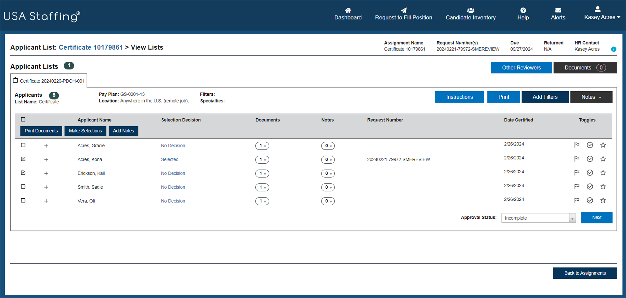 Applicant List - View Lists Page, with applicants selected and Print Documents button in the list header bar