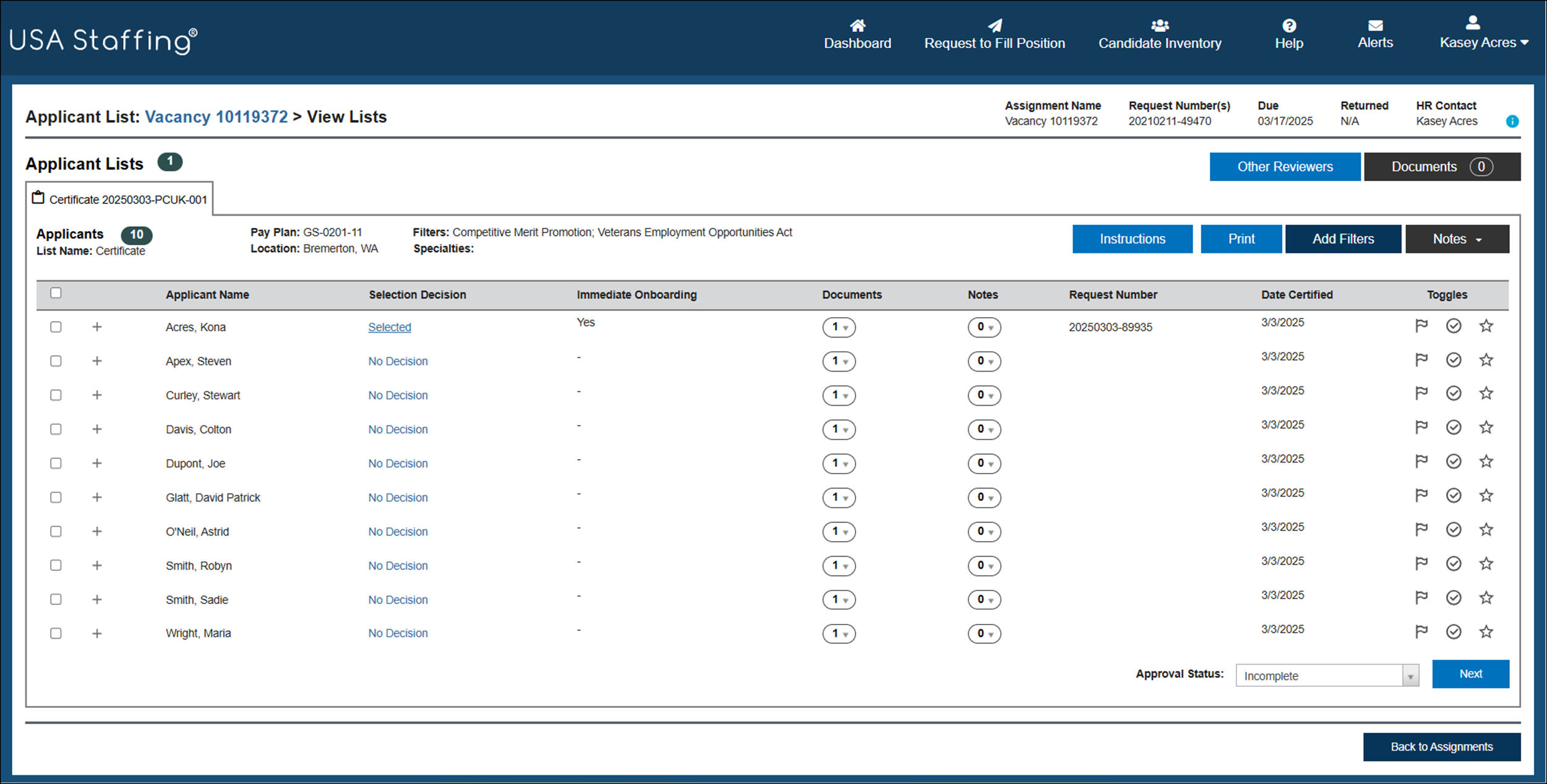 Applicant List - View Lists Page, with applicants listed.