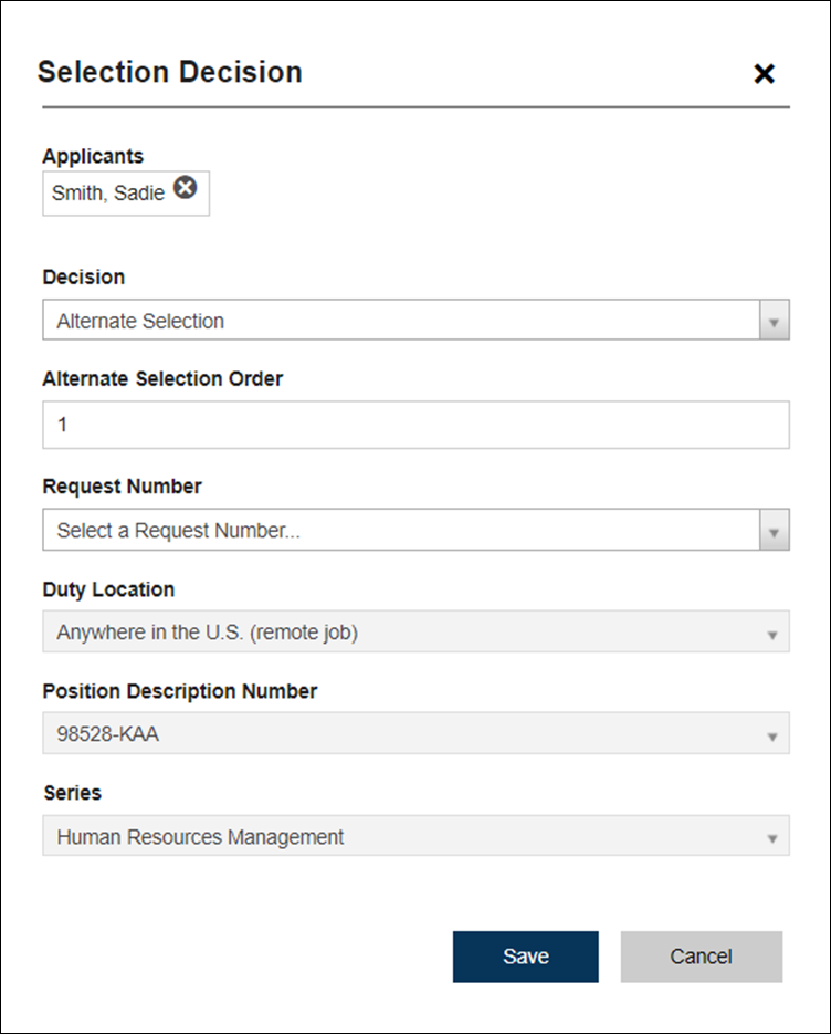 Selection decision pop up window with 1 applicant listed and Decision drop-down list set to Alternate Selection