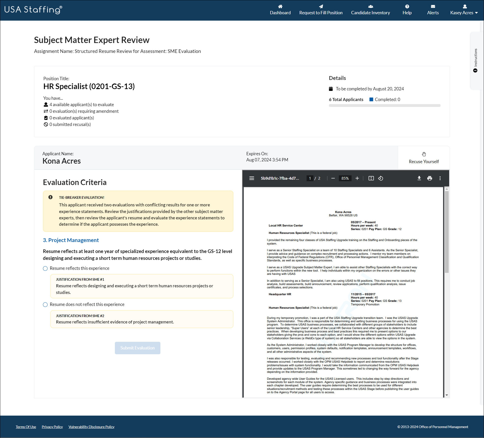SME Review page with banner notice of a Tie Breaker Evaluation.