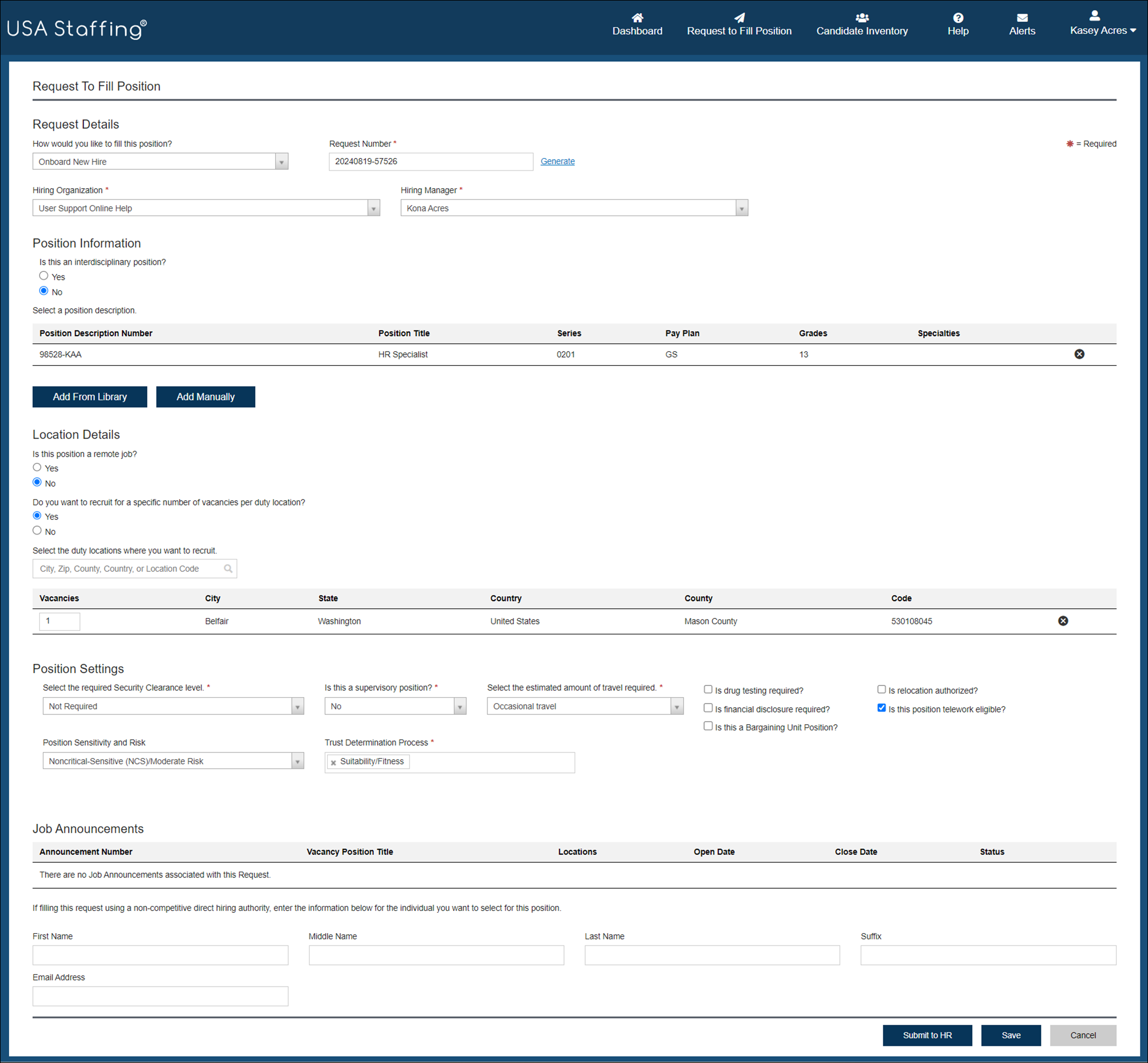 Request Fill details page completed with sample information for a onboard new hire request