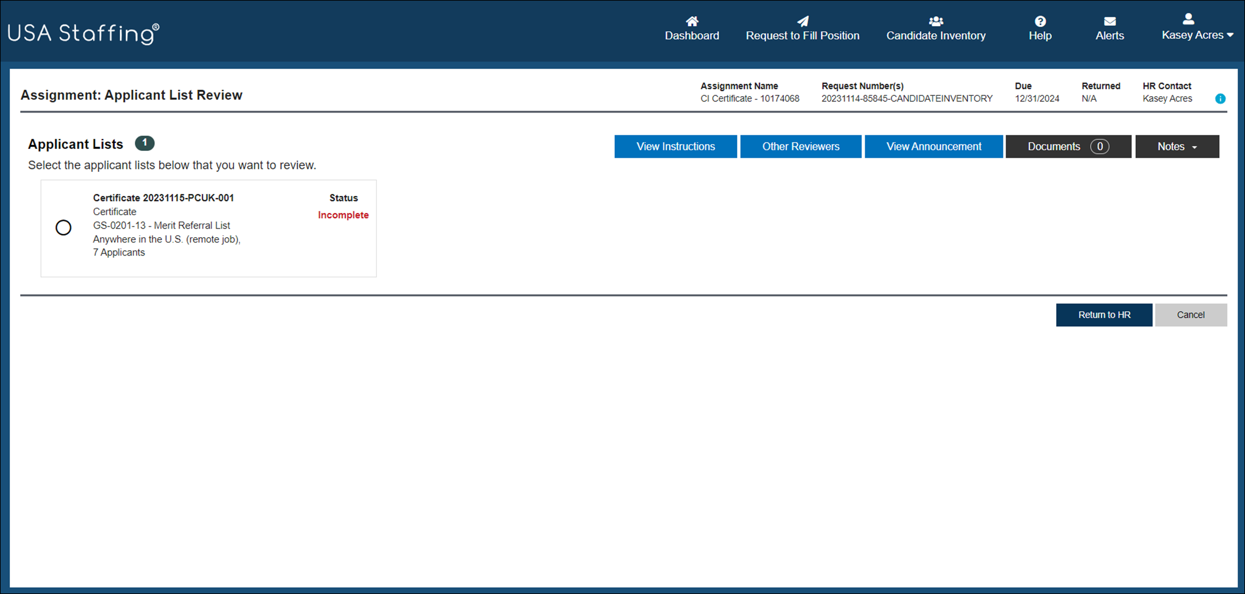 Applicant List Review page