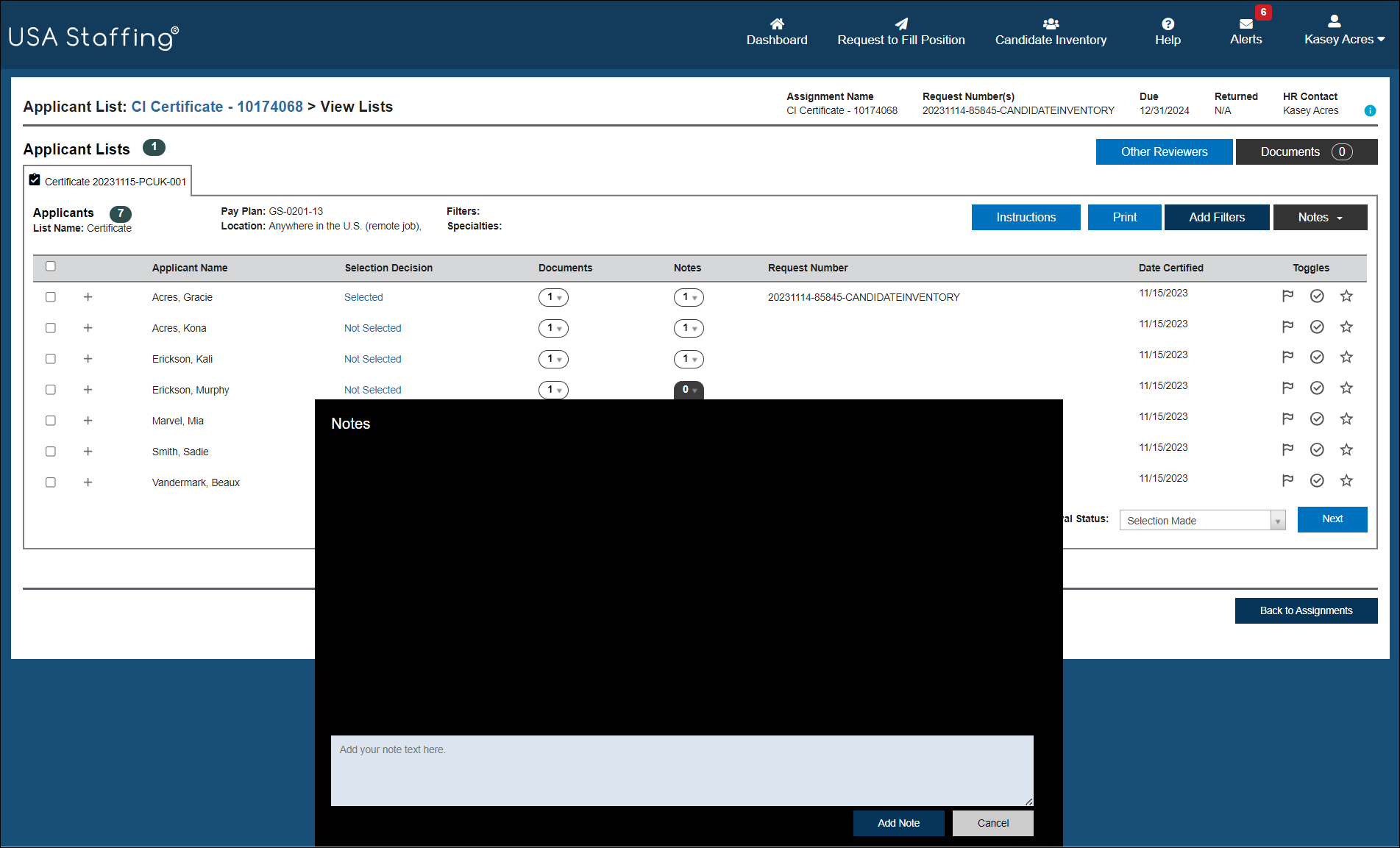 Applicant List - View Lists Page, with Notes drop-down list selected for an applicant and Notes pop up displayed